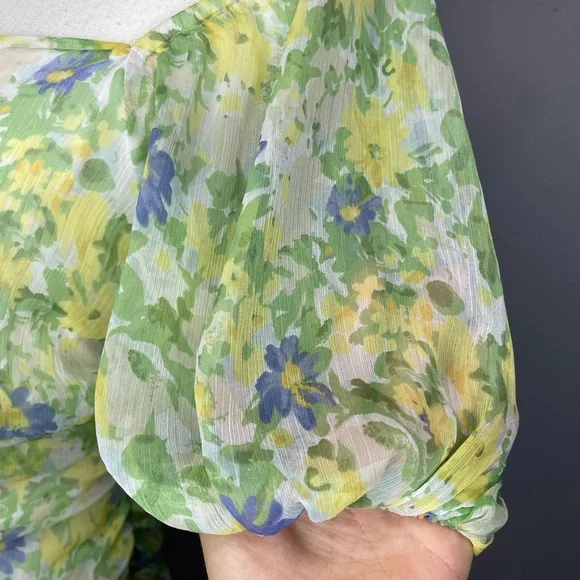 ASOS ruched puff sleeve maxi dress white base yellow blue floral print - Picture 9 of 15